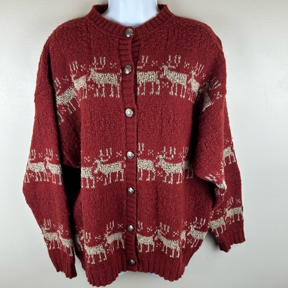 Woolrich Vintage Wool Blend Cardigan Womens L Red Fair Isle Reindeer Button Up - Picture 1 of 10